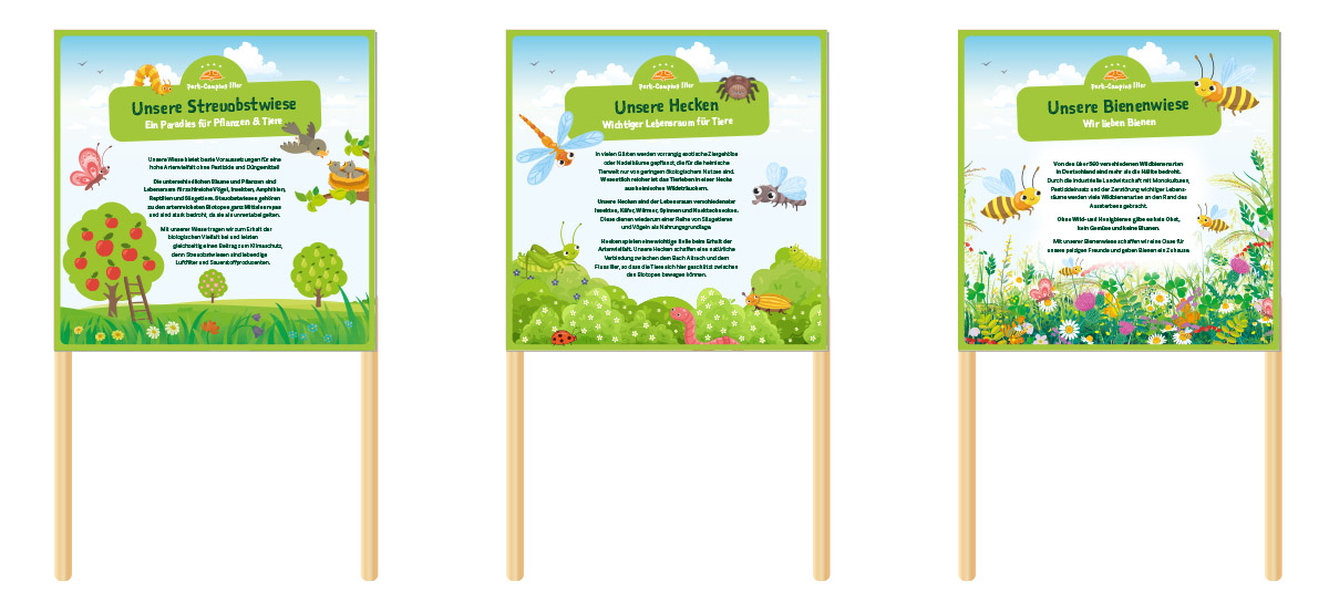 Gestaltung Werbeschilder für Bienenwiesen, Streuobstwiesen und Hecken